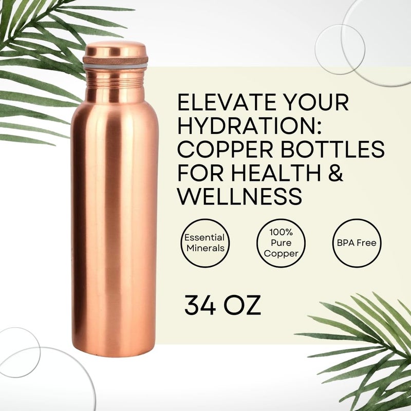 Perilla Home Pure Copper Water Bottle 34 Oz Leak Proof 100% Pure - Ayurvedic Copper Vessel - Drink More Water And Enjoy The Health Benefits Immediately - For Gym, Yoga Bottle (Plain) - Image 3